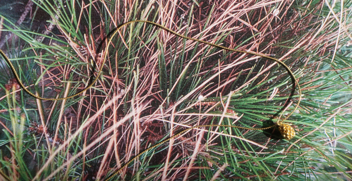 A close-up of a pine cone pendant on a thin gold-toned chain, resting among green and brown pine needles outdoors.